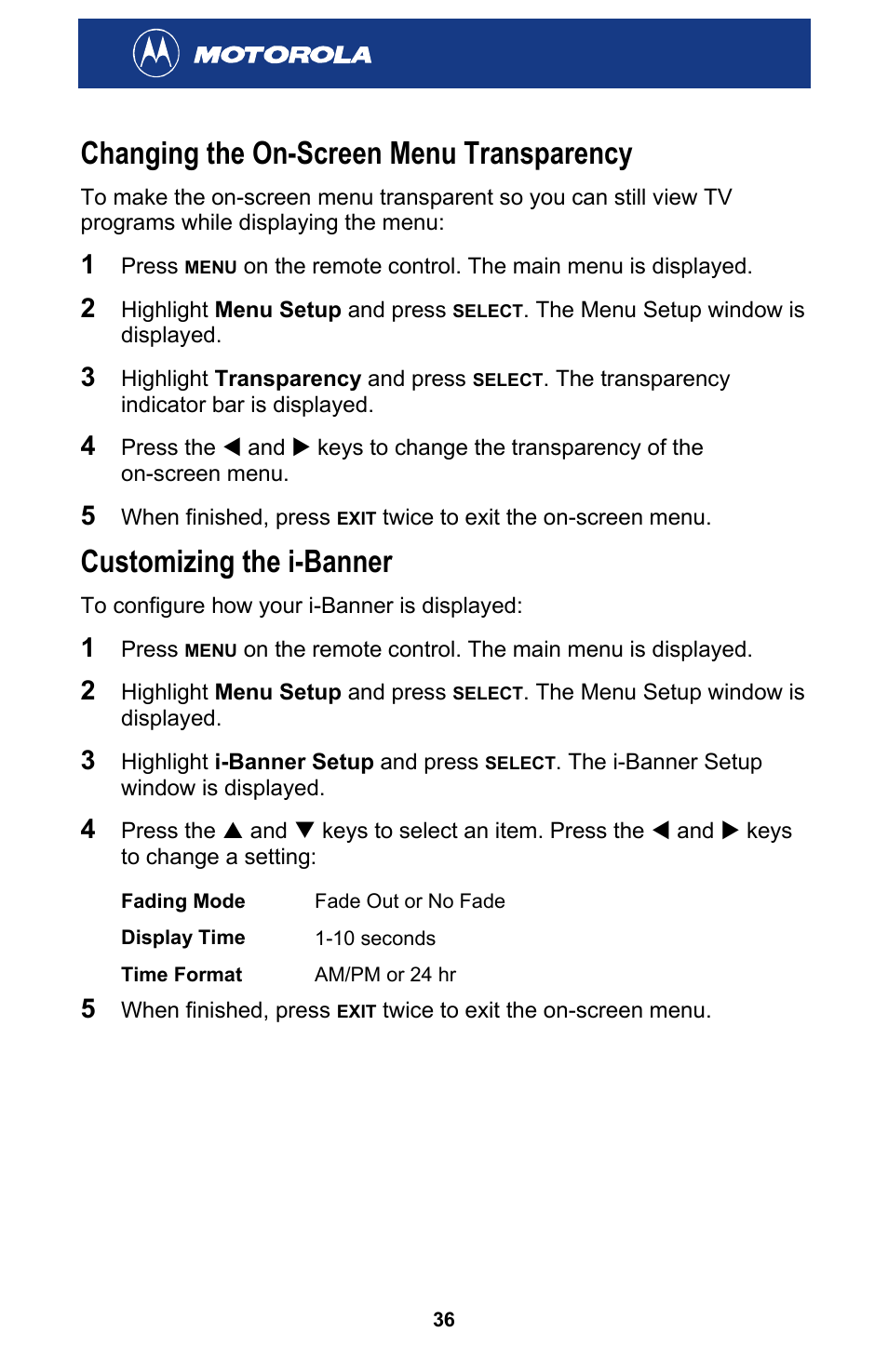 Changing the on-screen menu transparency, Customizing the i-banner | Motorola HDT101 User Manual | Page 42 / 54