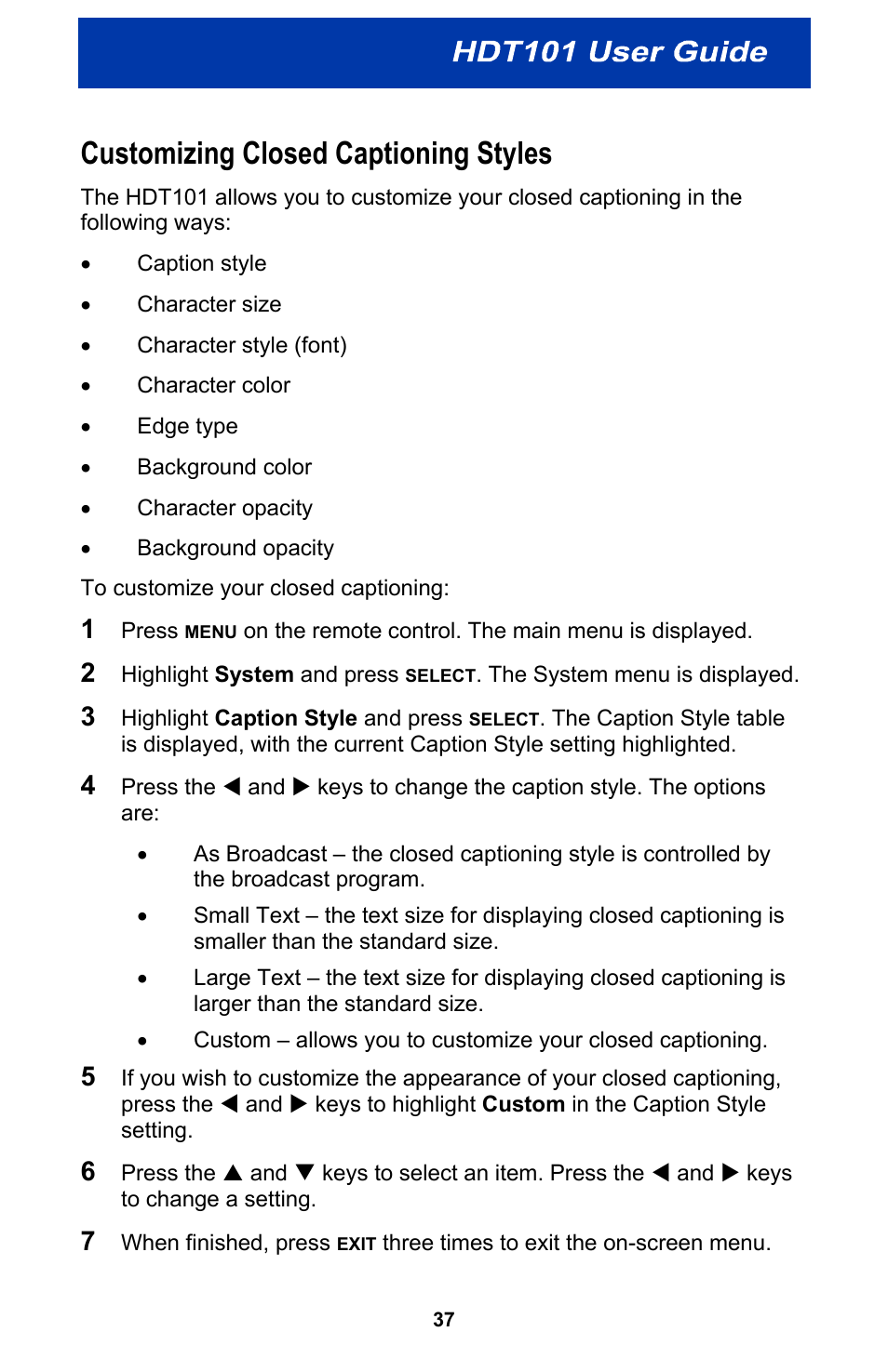 Customizing closed captioning styles | Motorola HDT101 User Manual | Page 43 / 54