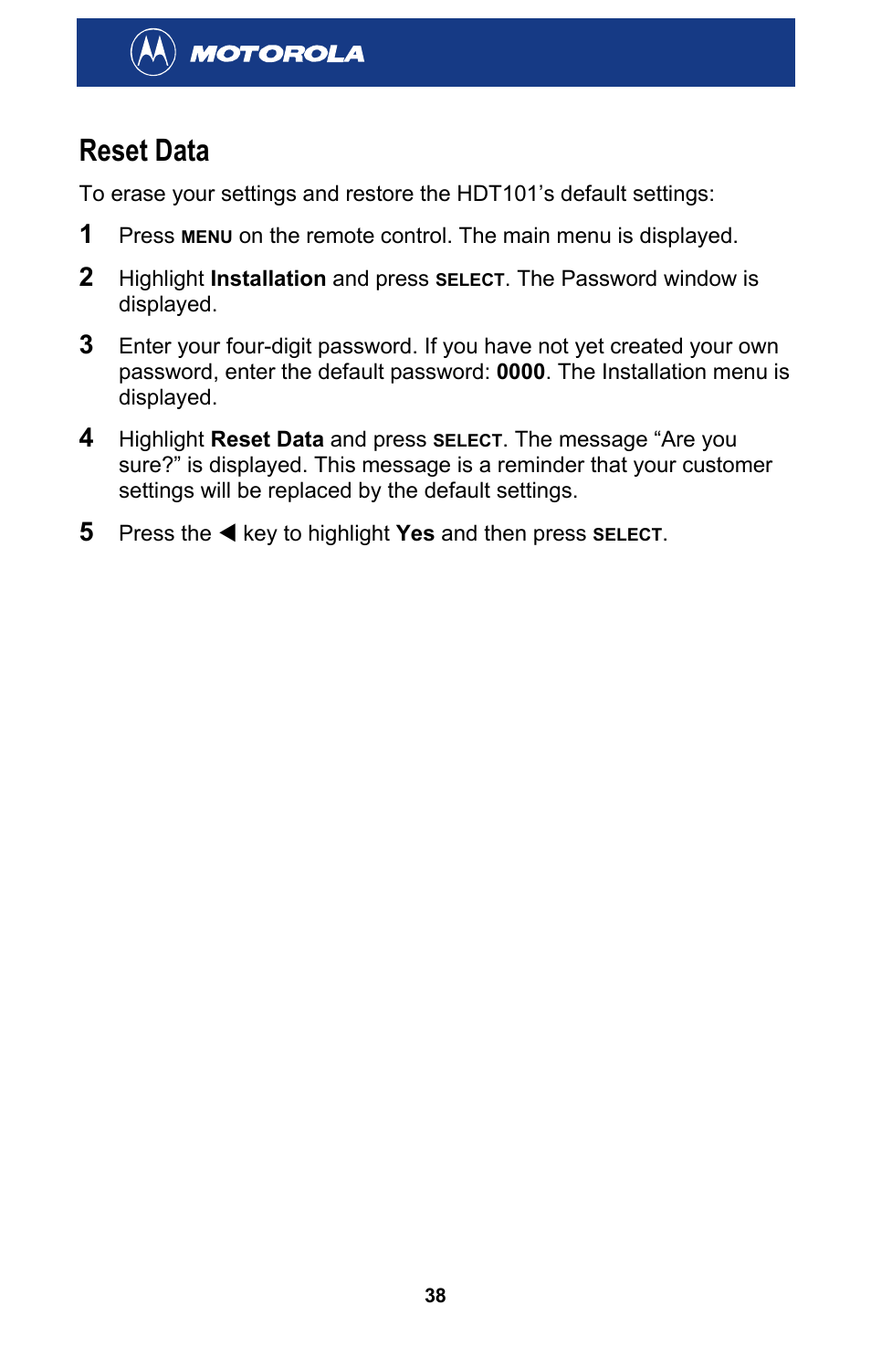 Reset data | Motorola HDT101 User Manual | Page 44 / 54