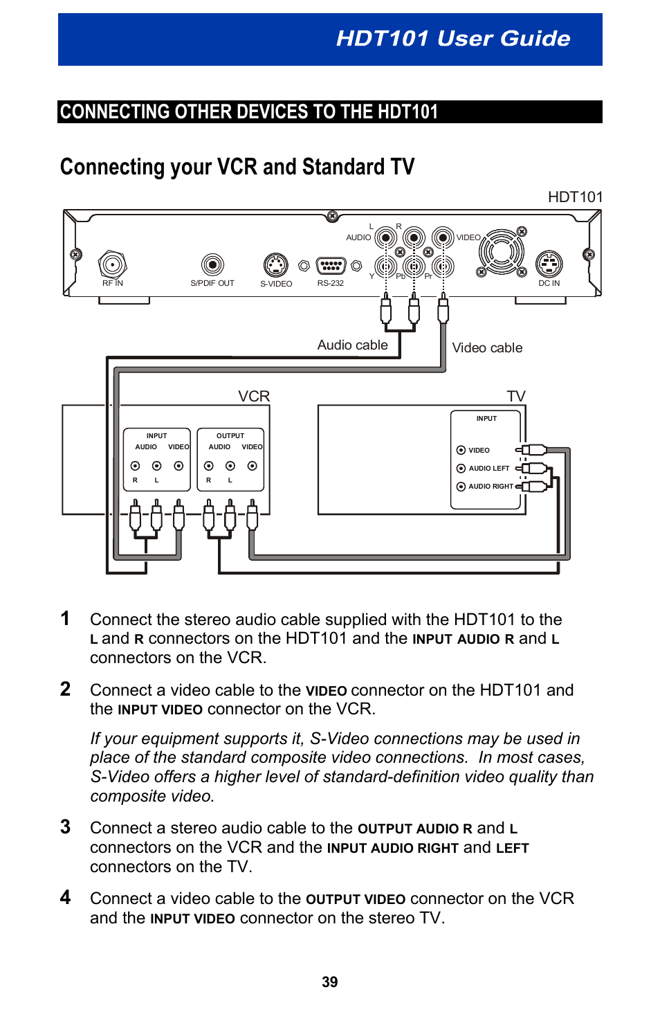 Connecting other devices to the hdt101, Connecting your vcr and standard tv, Connectors on the hdt101 and the | Connectors on the vcr, Connect a video cable to the, Connector on the hdt101 and the, Connect a stereo audio cable to the, Connectors on the vcr and the, Connectors on the tv, Connector on the vcr and the | Motorola HDT101 User Manual | Page 45 / 54