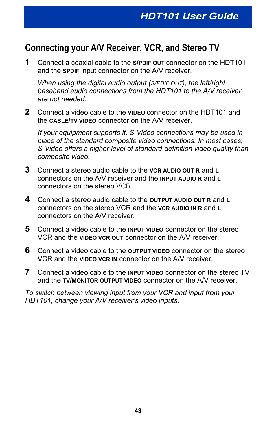 Connecting your a/v receiver, vcr, and stereo tv | Motorola HDT101 User Manual | Page 49 / 54