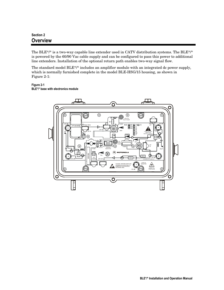 Overview, Ble*/* installation and operation manual, Figure 2-1 ble*/* base with electronics module | Motorola BLE*/* User Manual | Page 11 / 49