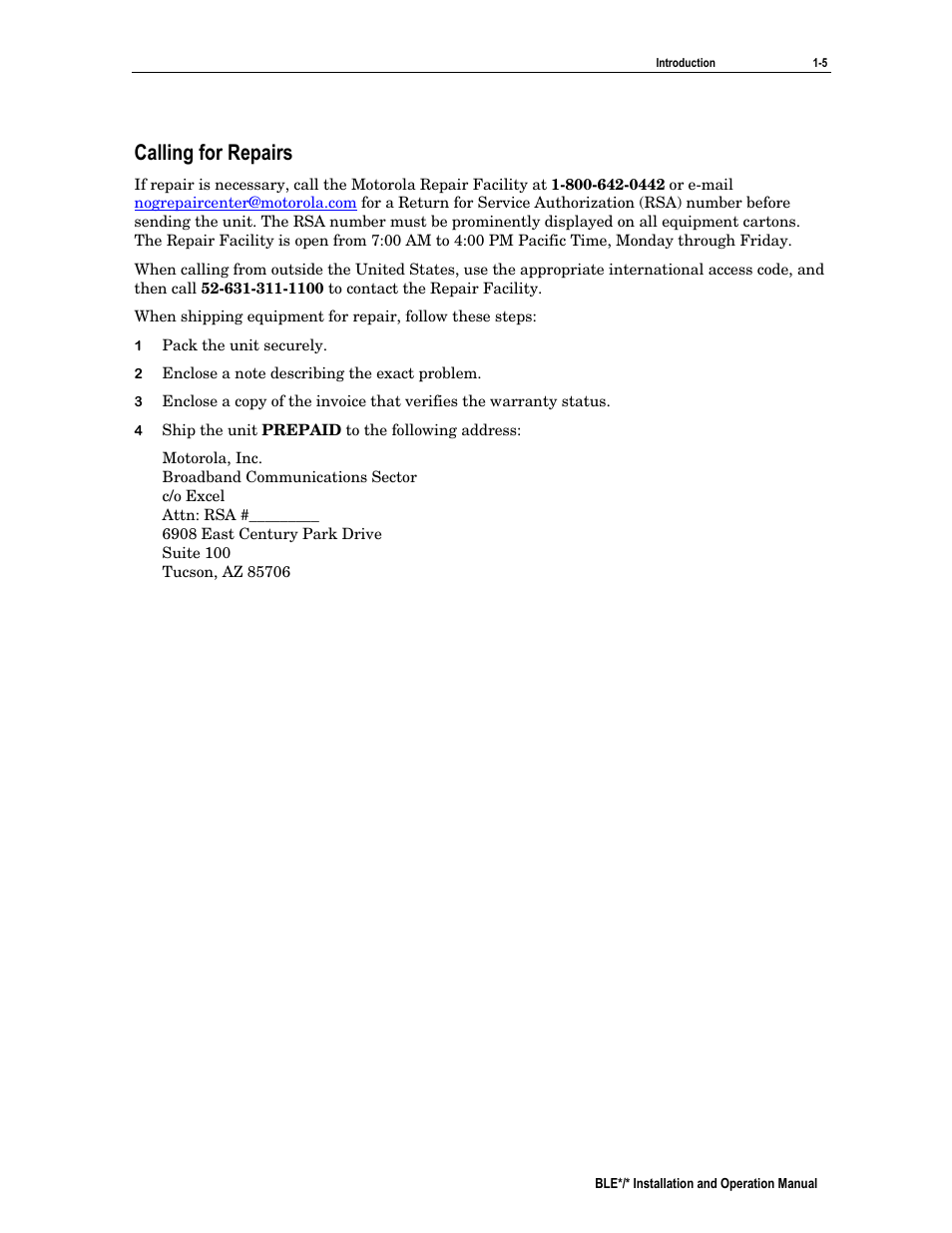 Calling for repairs | Motorola BLE*/* User Manual | Page 12 / 49