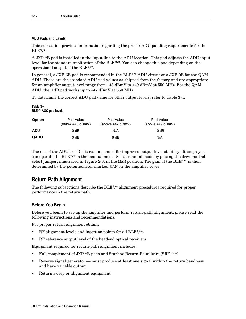 Adu pads and levels, Return path alignment, Before you begin | Motorola BLE*/* User Manual | Page 33 / 49