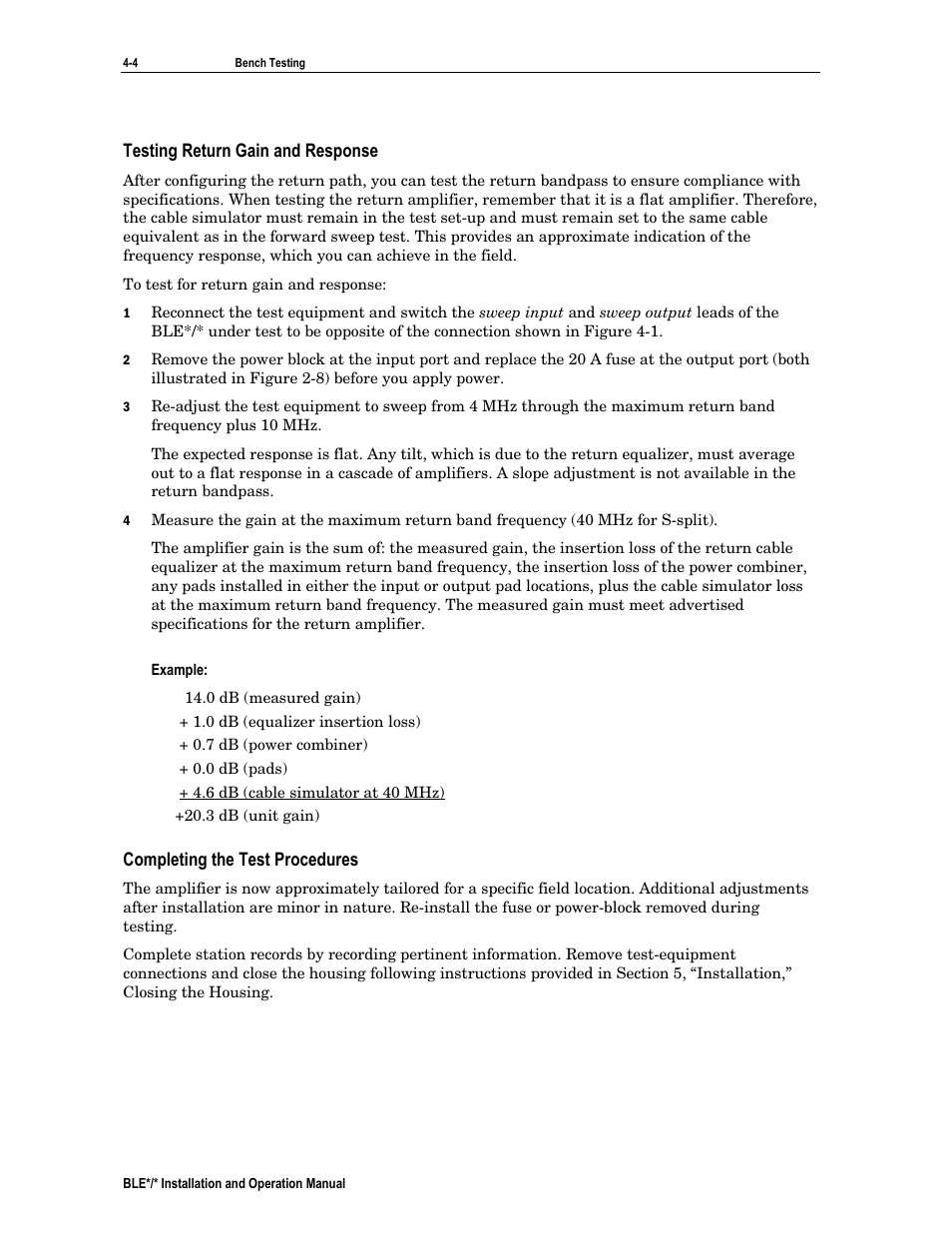 Testing return gain and response, Example, Completing the test procedures | Motorola BLE*/* User Manual | Page 39 / 49