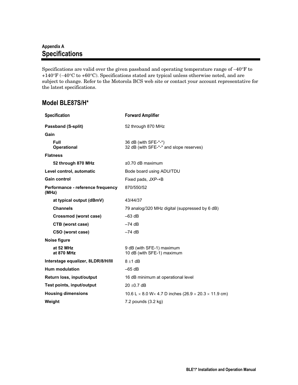 Specifications, Model ble87s/h | Motorola BLE*/* User Manual | Page 44 / 49