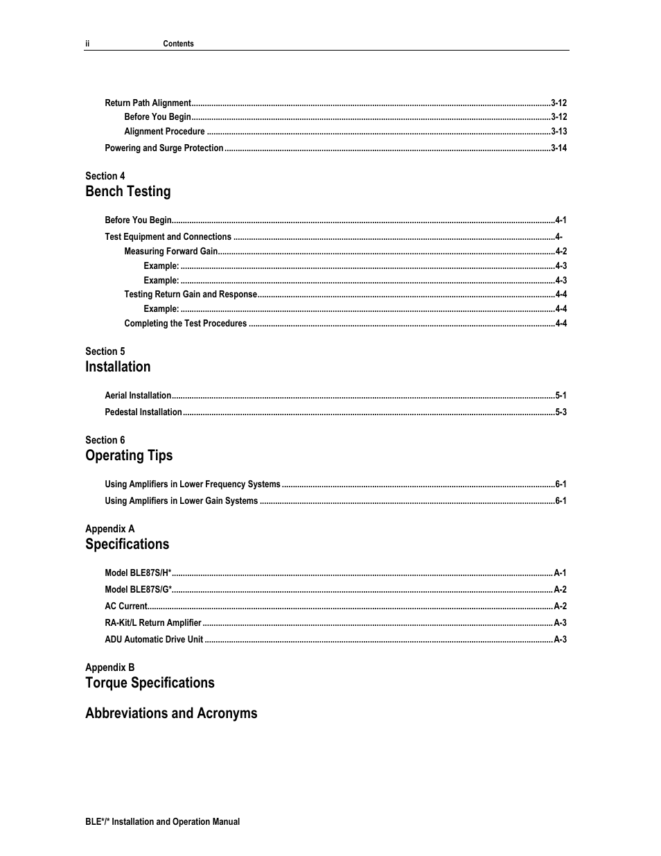 Bench testing, Installation, Operating tips | Specifications, Torque specifications, Abbreviations and acronyms | Motorola BLE*/* User Manual | Page 5 / 49