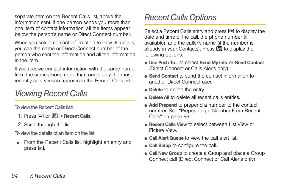 Viewing recent calls, Recent calls options | Motorola BRUTE NNTN7794B User Manual | Page 104 / 193