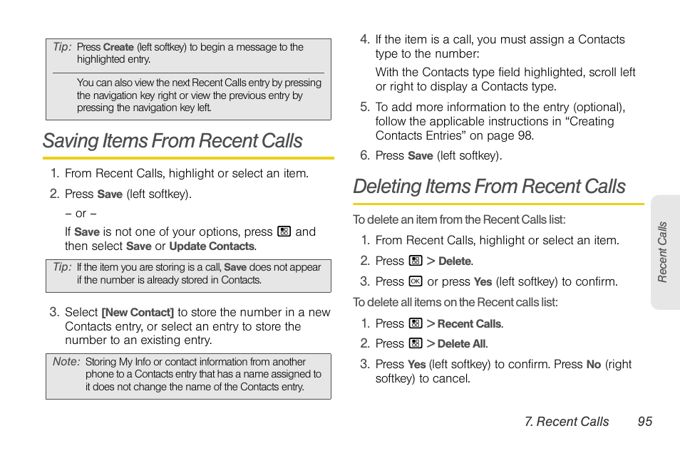 Saving items from recent calls, Deleting items from recent calls | Motorola BRUTE NNTN7794B User Manual | Page 105 / 193