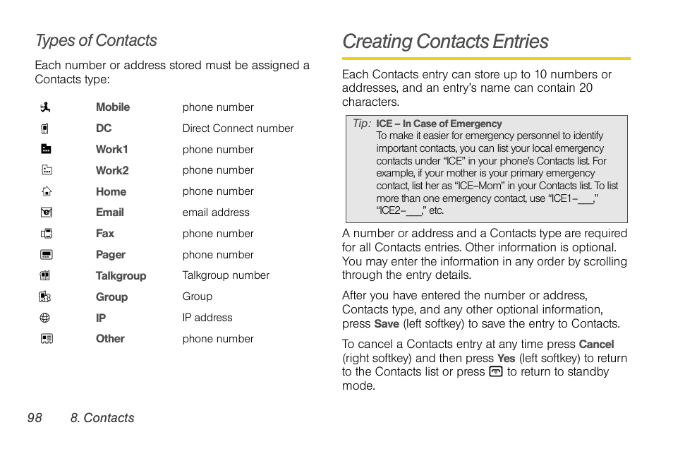 Types of contacts, Creating contacts entries | Motorola BRUTE NNTN7794B User Manual | Page 108 / 193