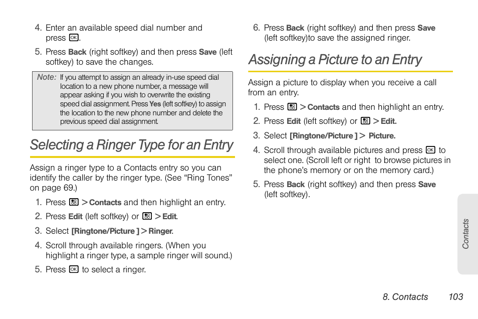 Selecting a ringer type for an entry, Assigning a picture to an entry | Motorola BRUTE NNTN7794B User Manual | Page 113 / 193