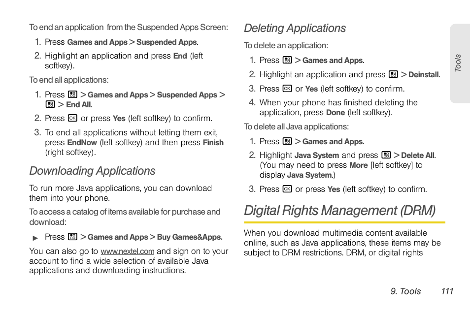 Downloading applications, Deleting applications, Digital rights management (drm) | Motorola BRUTE NNTN7794B User Manual | Page 121 / 193