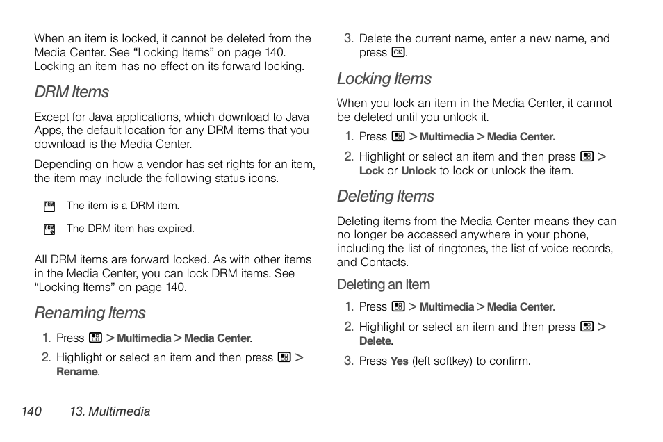 Drm items, Renaming items, Locking items | Deleting items | Motorola BRUTE NNTN7794B User Manual | Page 150 / 193
