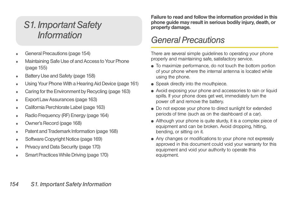 S1. important safety information, General precautions, 154 s1. important safety information | Motorola BRUTE NNTN7794B User Manual | Page 164 / 193