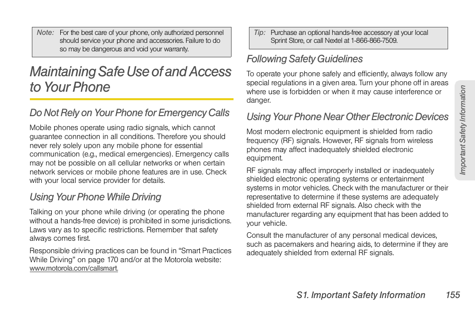 Maintaining safe use of and access to your phone, Do not rely on your phone for emergency calls, Using your phone while driving | Following safety guidelines, Using your phone near other electronic devices | Motorola BRUTE NNTN7794B User Manual | Page 165 / 193