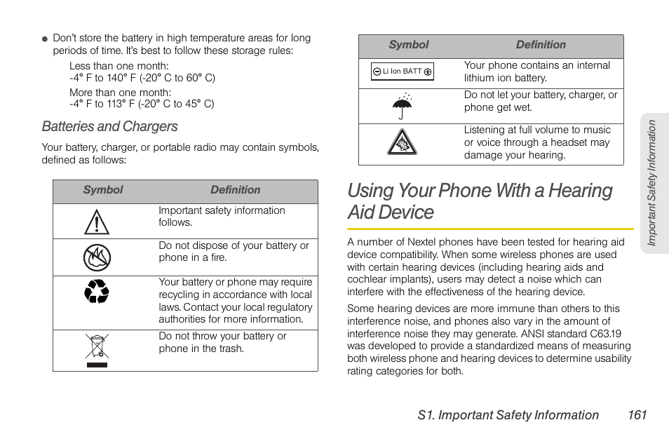 Batteries and chargers, Using your phone with a hearing aid device, Using your phone with a hearing aid device 161 | Motorola BRUTE NNTN7794B User Manual | Page 171 / 193