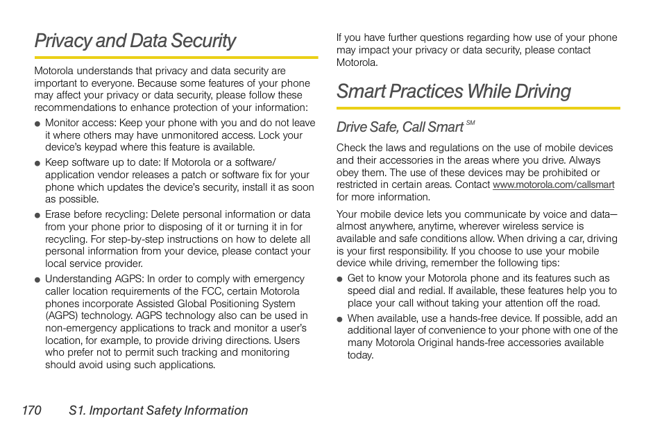Privacy and data security, Smart practices while driving, Drive safe, call smart sm | Drive safe, call smart | Motorola BRUTE NNTN7794B User Manual | Page 180 / 193