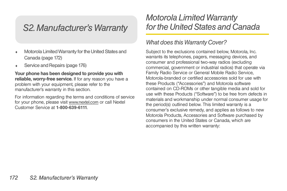 S2. manufacturer’s warranty, What does this warranty cover | Motorola BRUTE NNTN7794B User Manual | Page 182 / 193