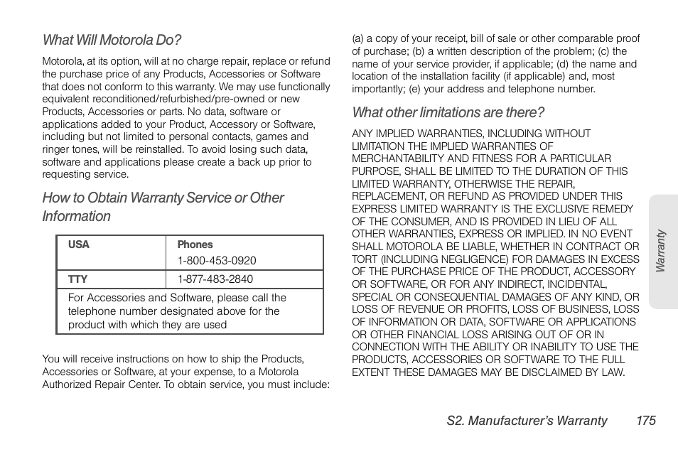 What will motorola do, What other limitations are there | Motorola BRUTE NNTN7794B User Manual | Page 185 / 193