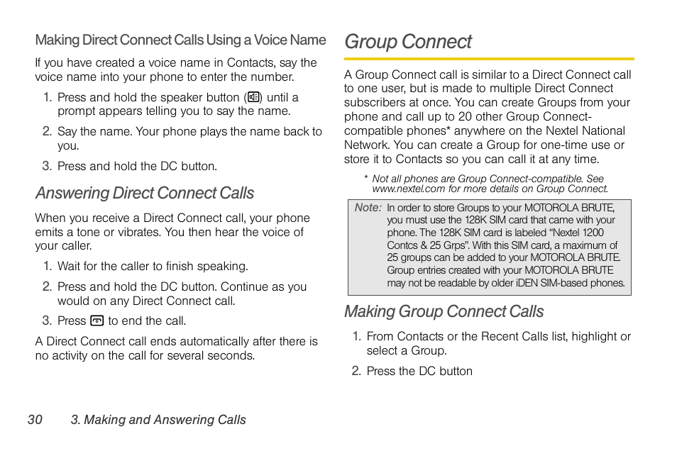 Answering direct connect calls, Group connect, Making group connect calls | Motorola BRUTE NNTN7794B User Manual | Page 40 / 193