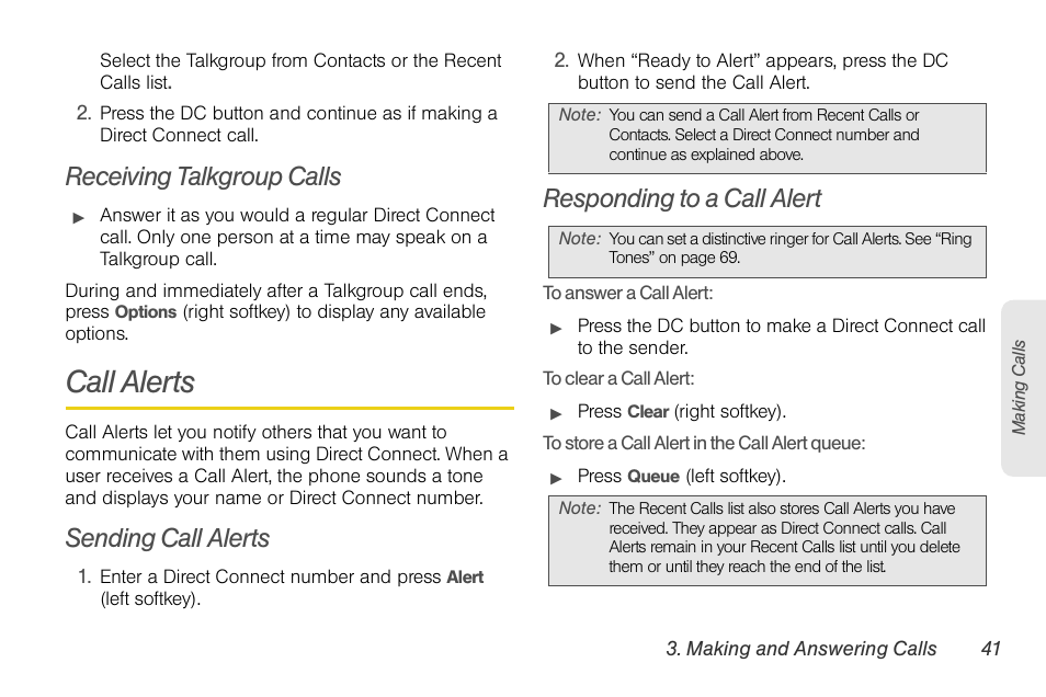 Receiving talkgroup calls, Call alerts, Sending call alerts | Responding to a call alert | Motorola BRUTE NNTN7794B User Manual | Page 51 / 193