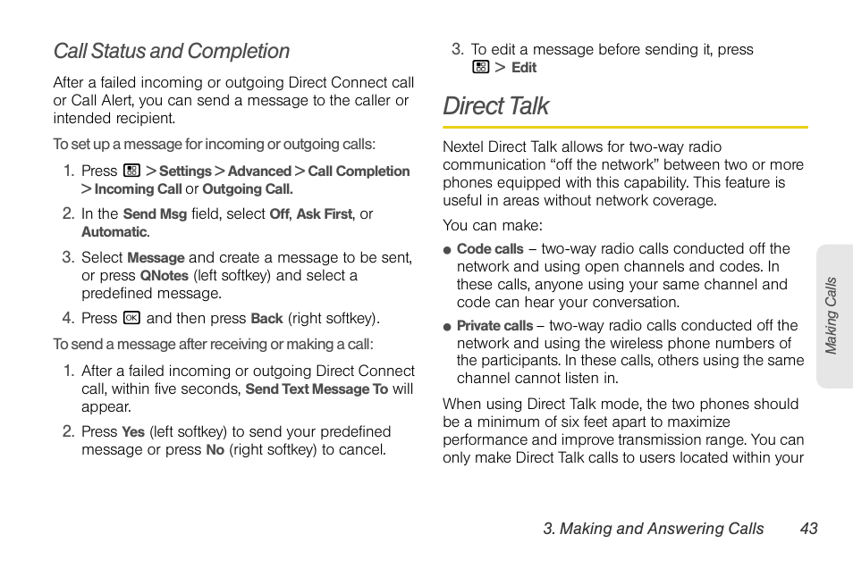 Call status and completion, Direct talk | Motorola BRUTE NNTN7794B User Manual | Page 53 / 193