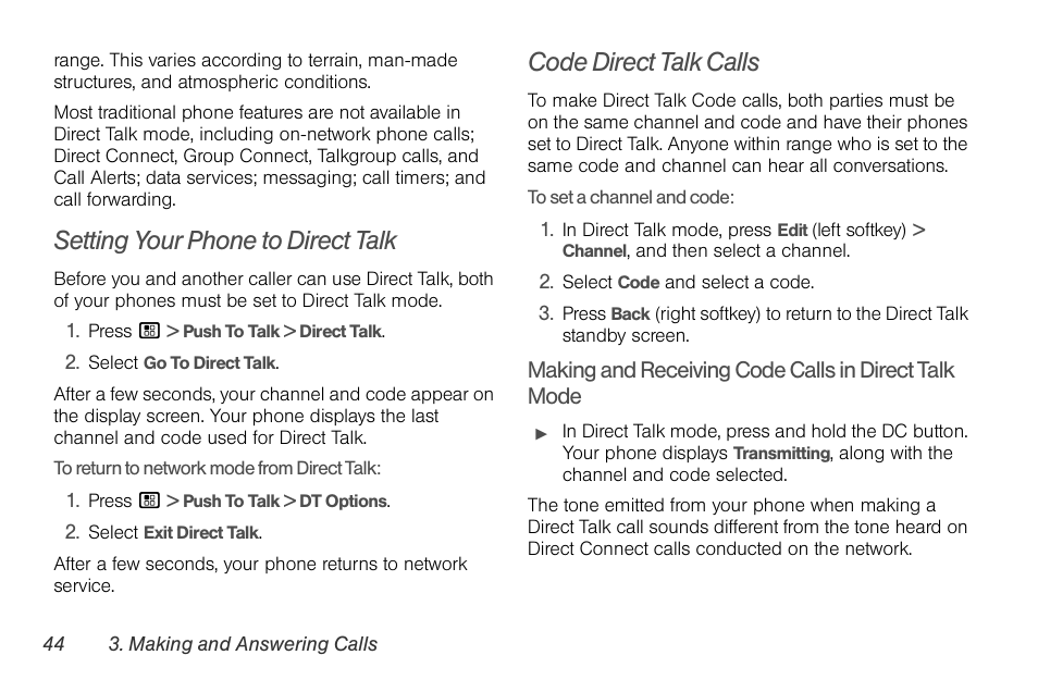 Setting your phone to direct talk, Code direct talk calls | Motorola BRUTE NNTN7794B User Manual | Page 54 / 193