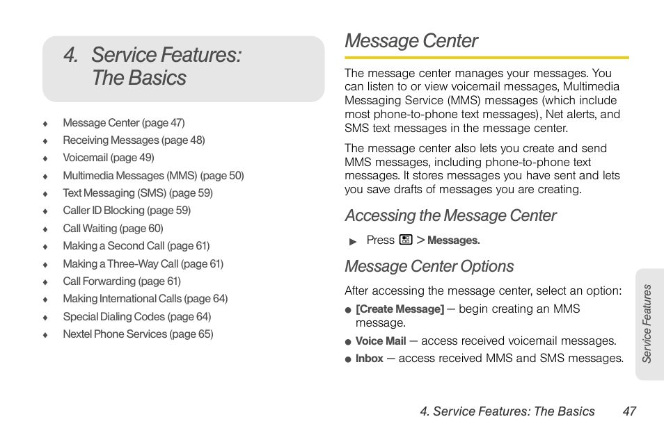 Service features: the basics, Message center, Accessing the message center | Message center options | Motorola BRUTE NNTN7794B User Manual | Page 57 / 193