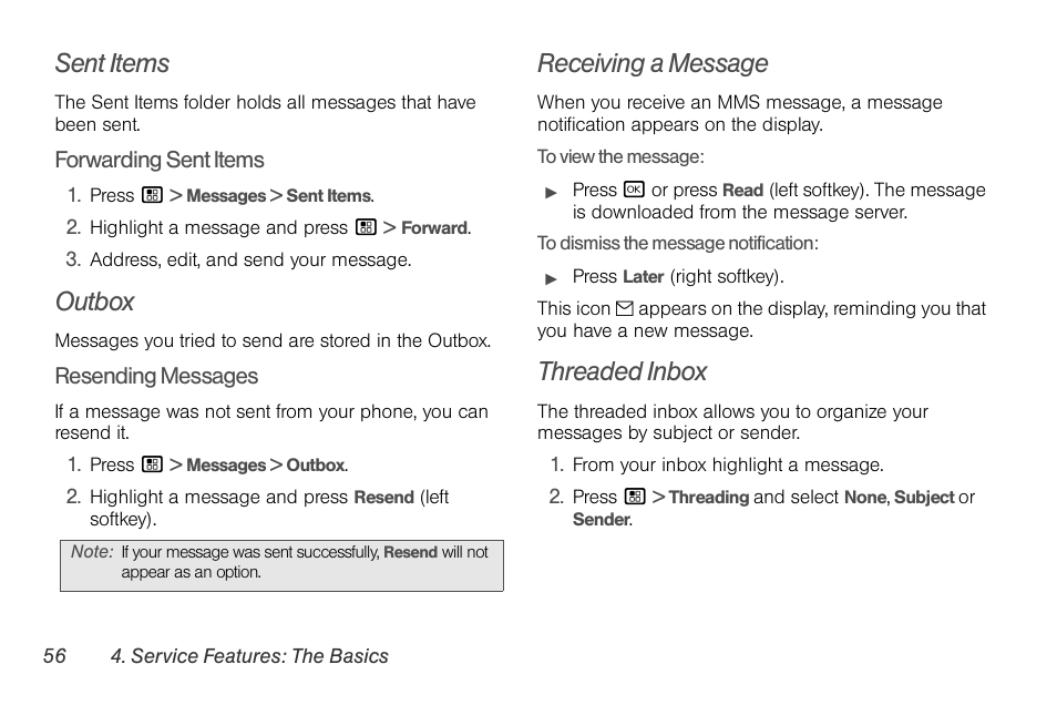 Sent items, Outbox, Receiving a message | Threaded inbox | Motorola BRUTE NNTN7794B User Manual | Page 66 / 193