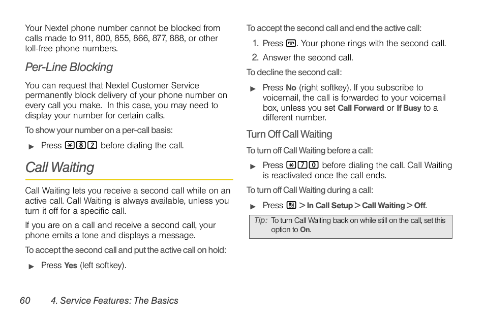 Per-line blocking, Call waiting | Motorola BRUTE NNTN7794B User Manual | Page 70 / 193