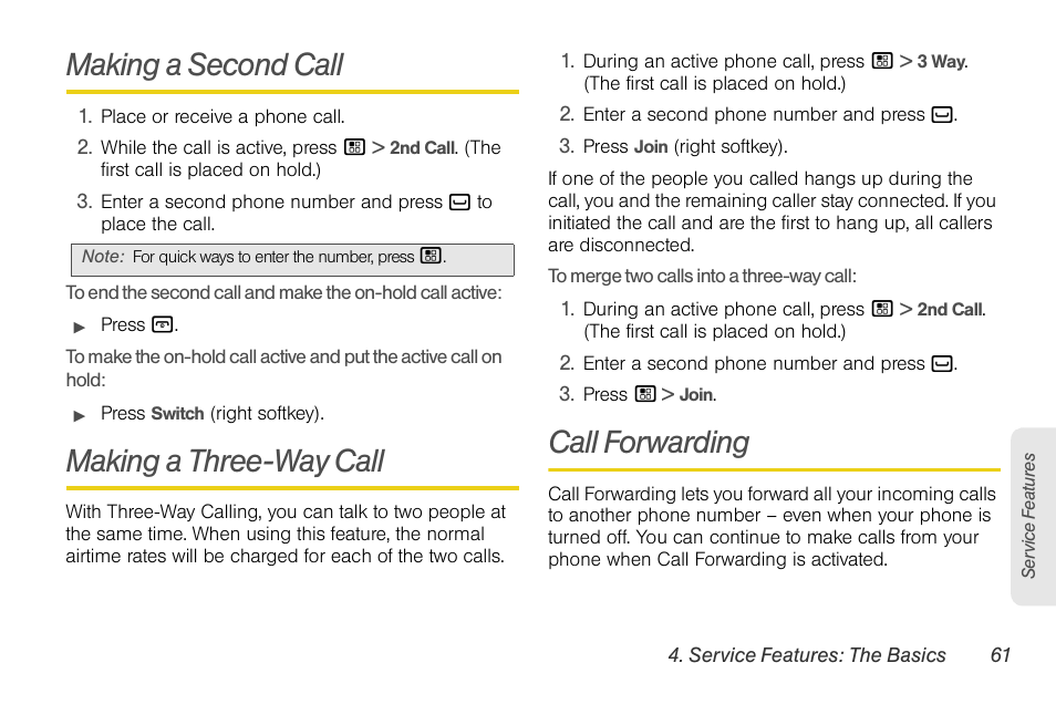 Making a second call, Making a three-way call, Call forwarding | Motorola BRUTE NNTN7794B User Manual | Page 71 / 193