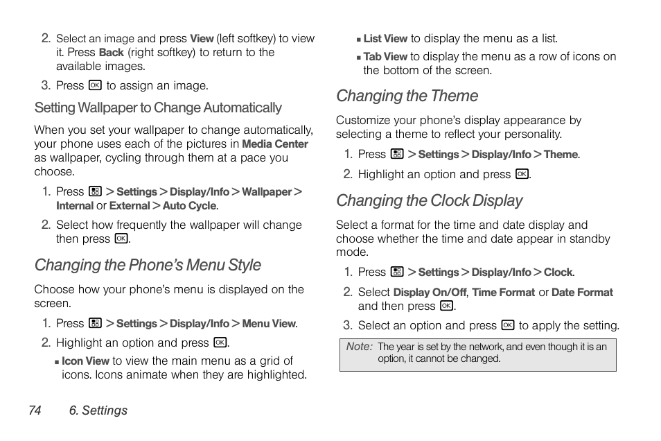 Changing the phone’s menu style, Changing the theme, Changing the clock display | Motorola BRUTE NNTN7794B User Manual | Page 84 / 193