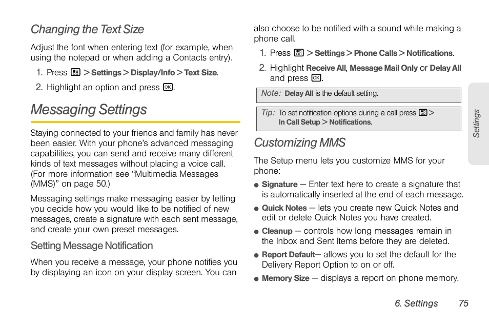 Changing the text size, Messaging settings, Customizing mms | Setting message notification | Motorola BRUTE NNTN7794B User Manual | Page 85 / 193