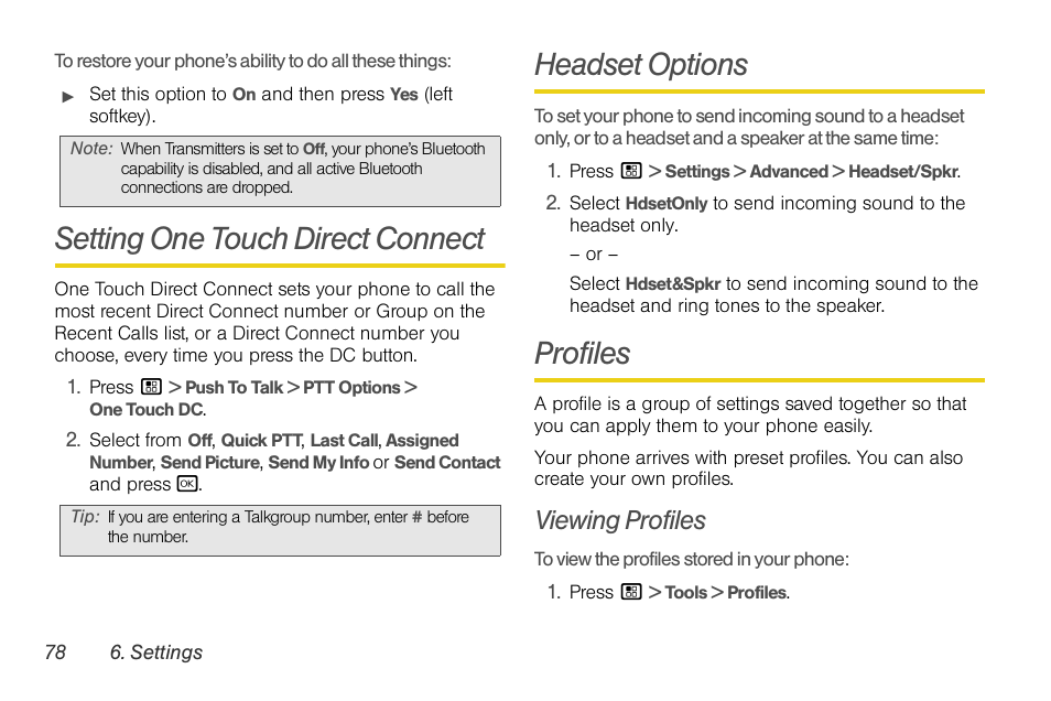 Setting one touch direct connect, Headset options, Profiles | Viewing profiles | Motorola BRUTE NNTN7794B User Manual | Page 88 / 193