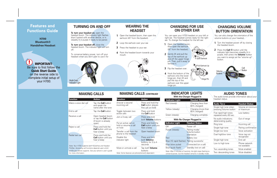 Turning on and off, Wearing the headset, Changing volume button orientation | Making calls, Indicator lights, Audio tones, Changing for use on other ear | Motorola H700 User Manual | Page 2 / 2