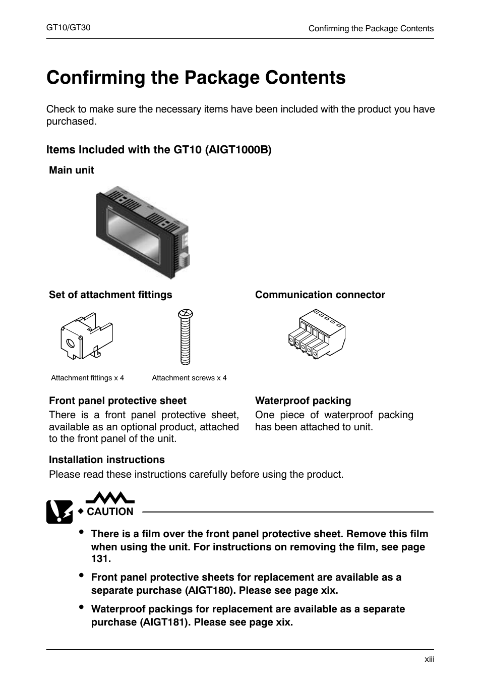 Confirming the package contents, Xiii | Motorola GT10 User Manual | Page 14 / 195