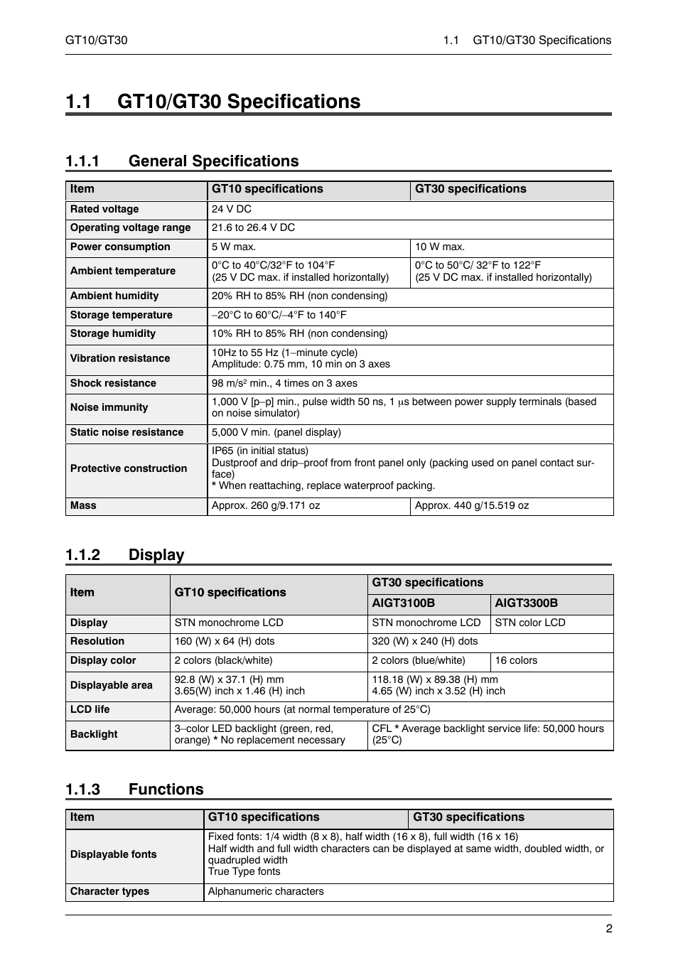 1 gt10/ gt30 specifications, 1 general specifications, 2 display | 3 functions, 1 gt10/gt30 specifications, General specifications, Display, Functions | Motorola GT10 User Manual | Page 25 / 195