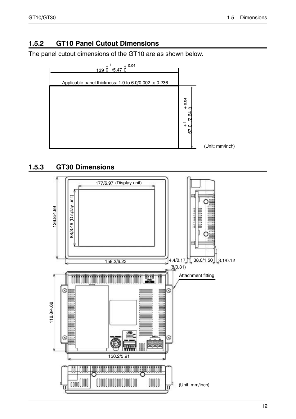 2 gt10 panel cutout dimensions, 3 gt30 dimensions, Gt10 panel cutout dimensions | Gt30 dimensions | Motorola GT10 User Manual | Page 35 / 195