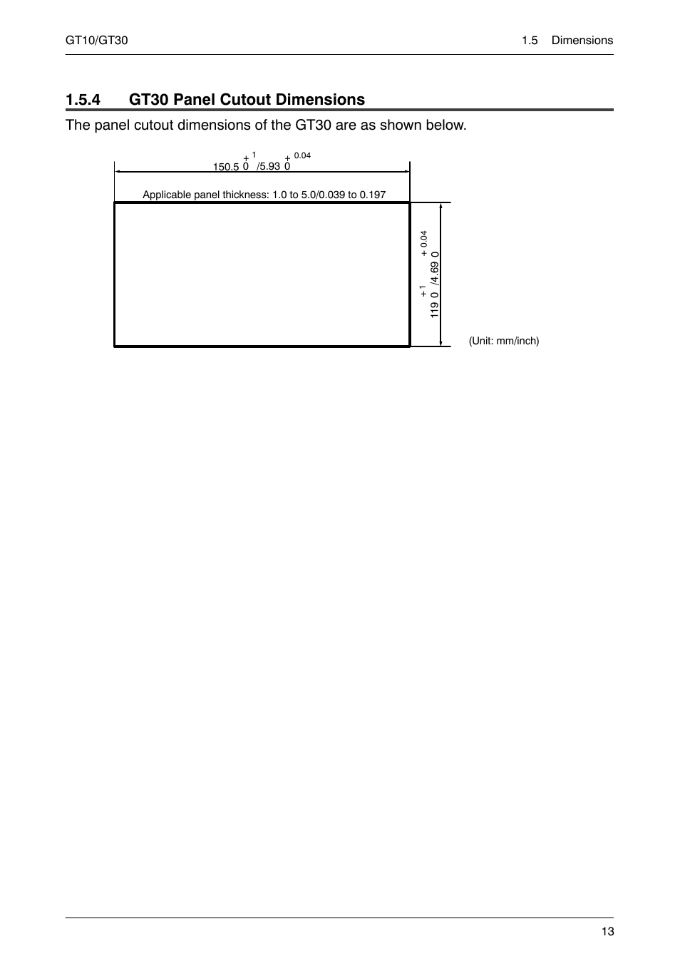 4 gt30 panel cutout dimensions, Gt30 panel cutout dimensions | Motorola GT10 User Manual | Page 36 / 195