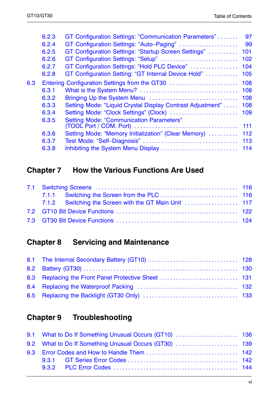 Chapter 7 how the various functions are used, Chapter 8 servicing and maintenance, Chapter 9 troubleshooting | Motorola GT10 User Manual | Page 7 / 195