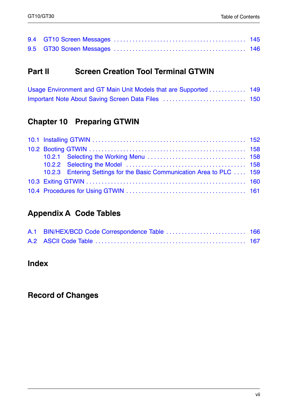 Part ii screen creation tool terminal gtwin, Chapter 10 preparing gtwin, Appendix a code tables | Index record of changes | Motorola GT10 User Manual | Page 8 / 195