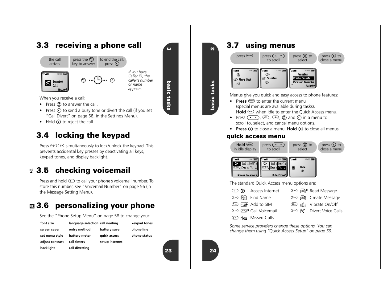 Using menus, 3 receiving a phone call, 4 locking the keypad | 5 checking voicemail, 6 personalizing your phone, 7 using menus, Quick access menu, 3basic tasks 23, Basic tasks 3 24 | Motorola WIRELESS TELEPHONE User Manual | Page 10 / 44