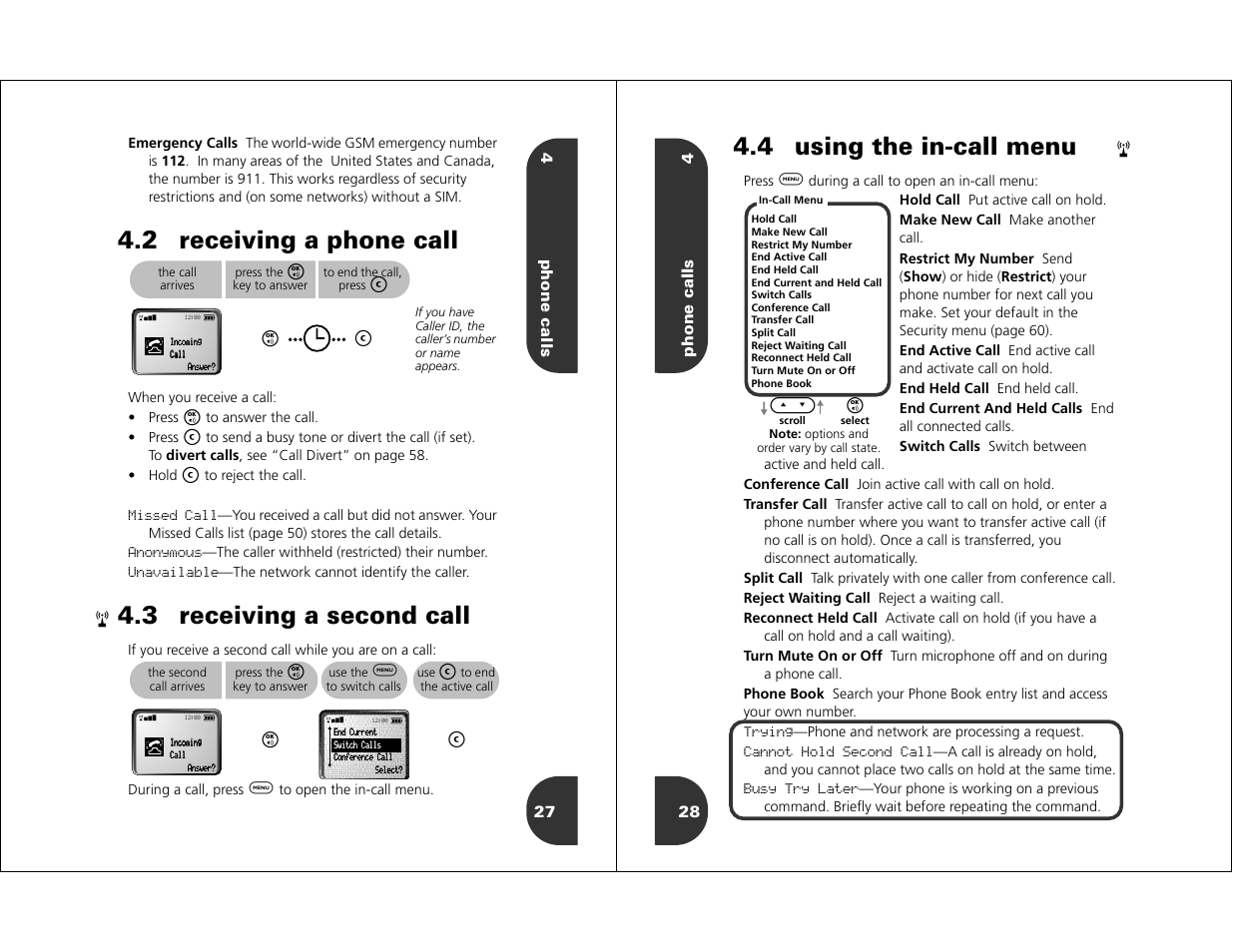 2 receiving a phone call, 3 receiving a second call, 4 using the in-call menu | 4phone calls 27, Phone calls 4 28 | Motorola WIRELESS TELEPHONE User Manual | Page 12 / 44