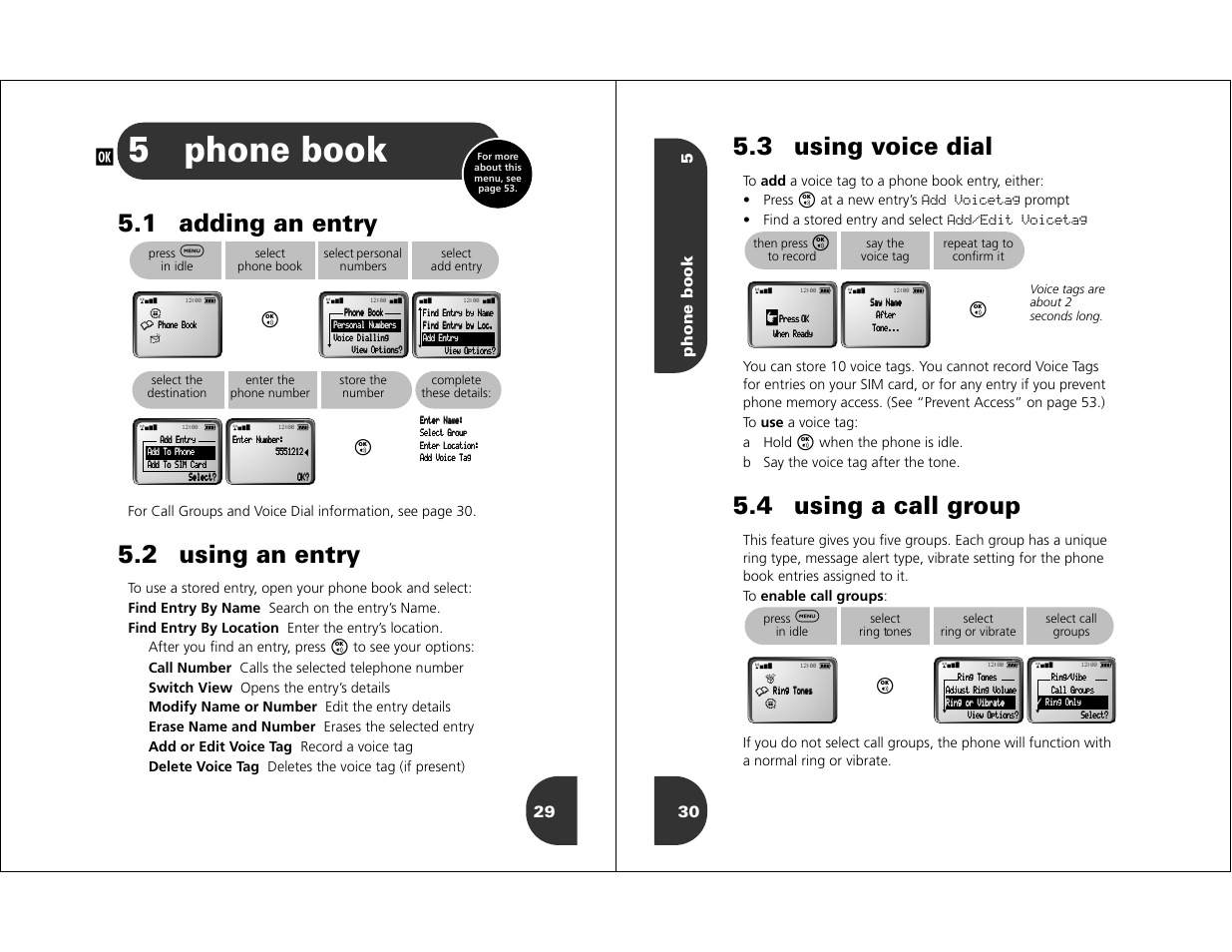 5phone book, 1 adding an entry, 2 using an entry | 3 using voice dial, 4 using a call group, Phone book 5 30, At a new entry’s, Prompt • find a stored entry and select | Motorola WIRELESS TELEPHONE User Manual | Page 13 / 44