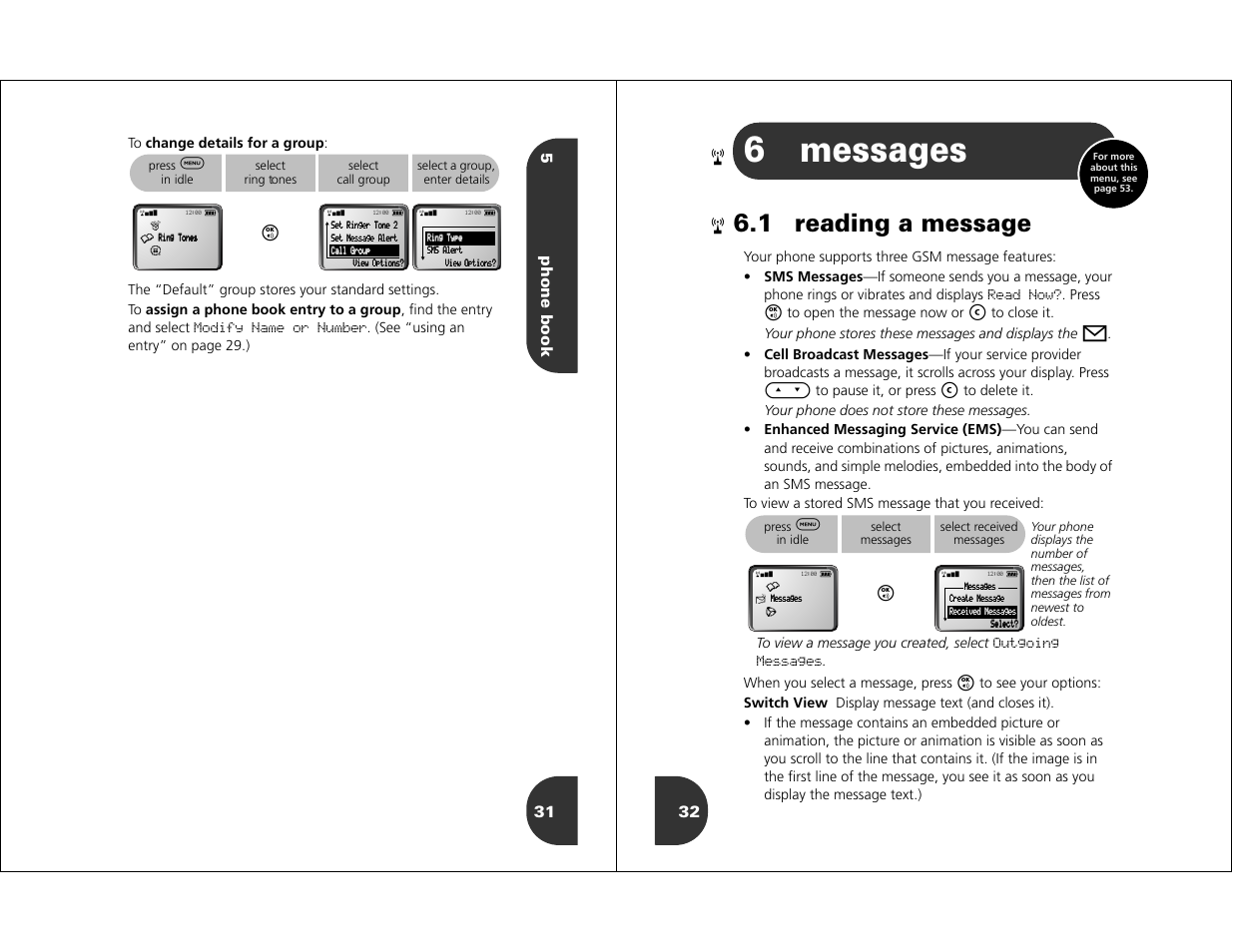 Messages, 6messages, 1 reading a message | 5phone book 31, See “using an entry” on page 29.), Press | Motorola WIRELESS TELEPHONE User Manual | Page 14 / 44