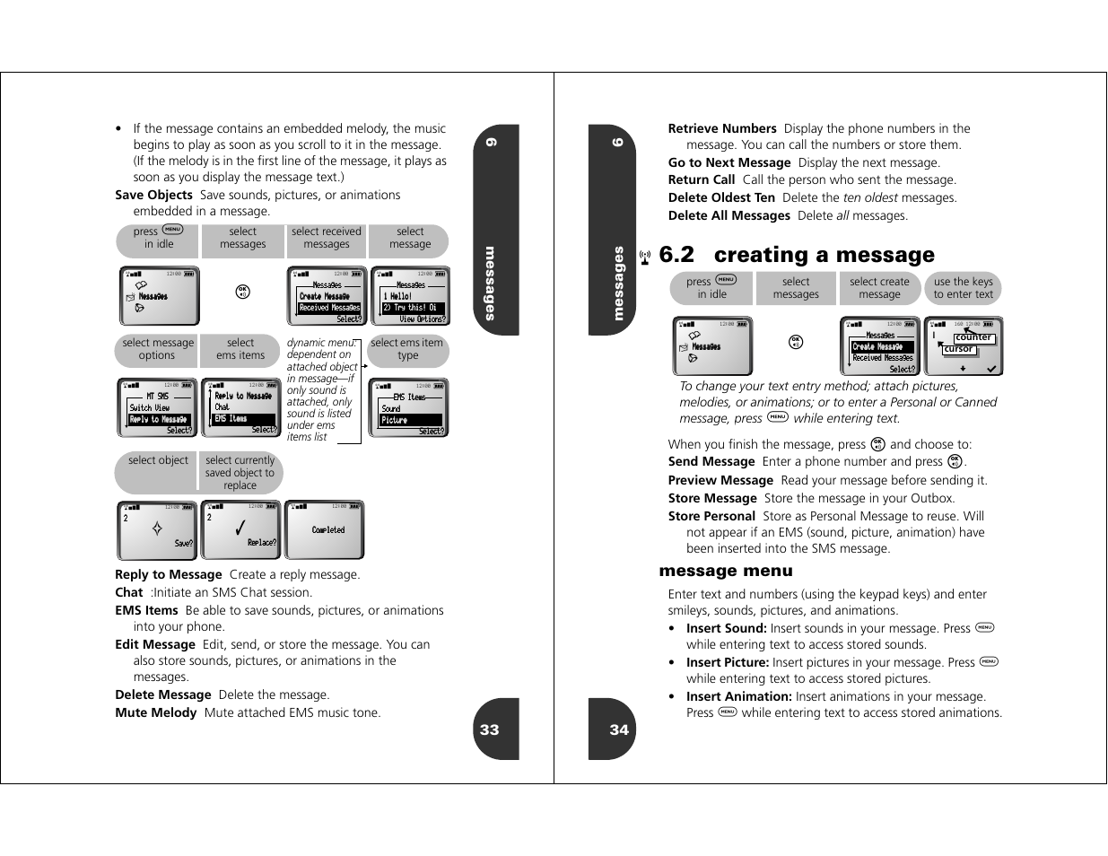 Creating a message, 2 creating a message, Message menu | 6messages 33, Messages 6 34, When you ﬁnish the message, press, While entering text | Motorola WIRELESS TELEPHONE User Manual | Page 15 / 44