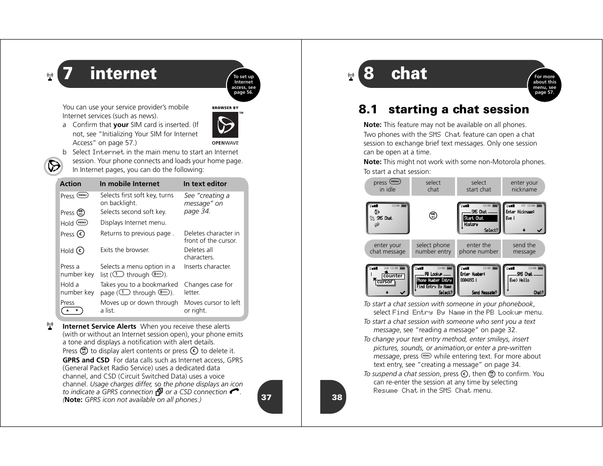 Internet, Chat, 7internet | 8chat, 1 starting a chat session | Motorola WIRELESS TELEPHONE User Manual | Page 17 / 44