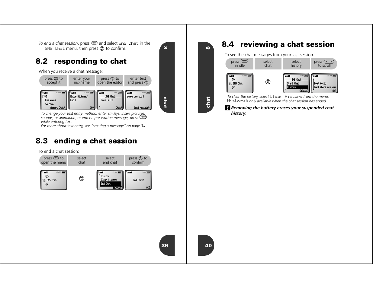 2 responding to chat, 3 ending a chat session, 4 reviewing a chat session | 8chat 39, Chat 8 40, Menu, then press o to conﬁrm, When you receive a chat message | Motorola WIRELESS TELEPHONE User Manual | Page 18 / 44