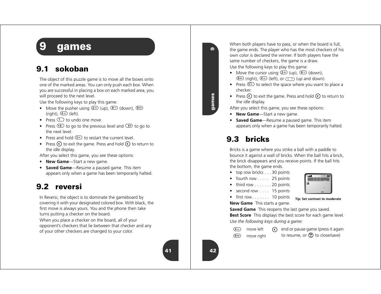 9games, 1 sokoban, 2 reversi | 3 bricks | Motorola WIRELESS TELEPHONE User Manual | Page 19 / 44