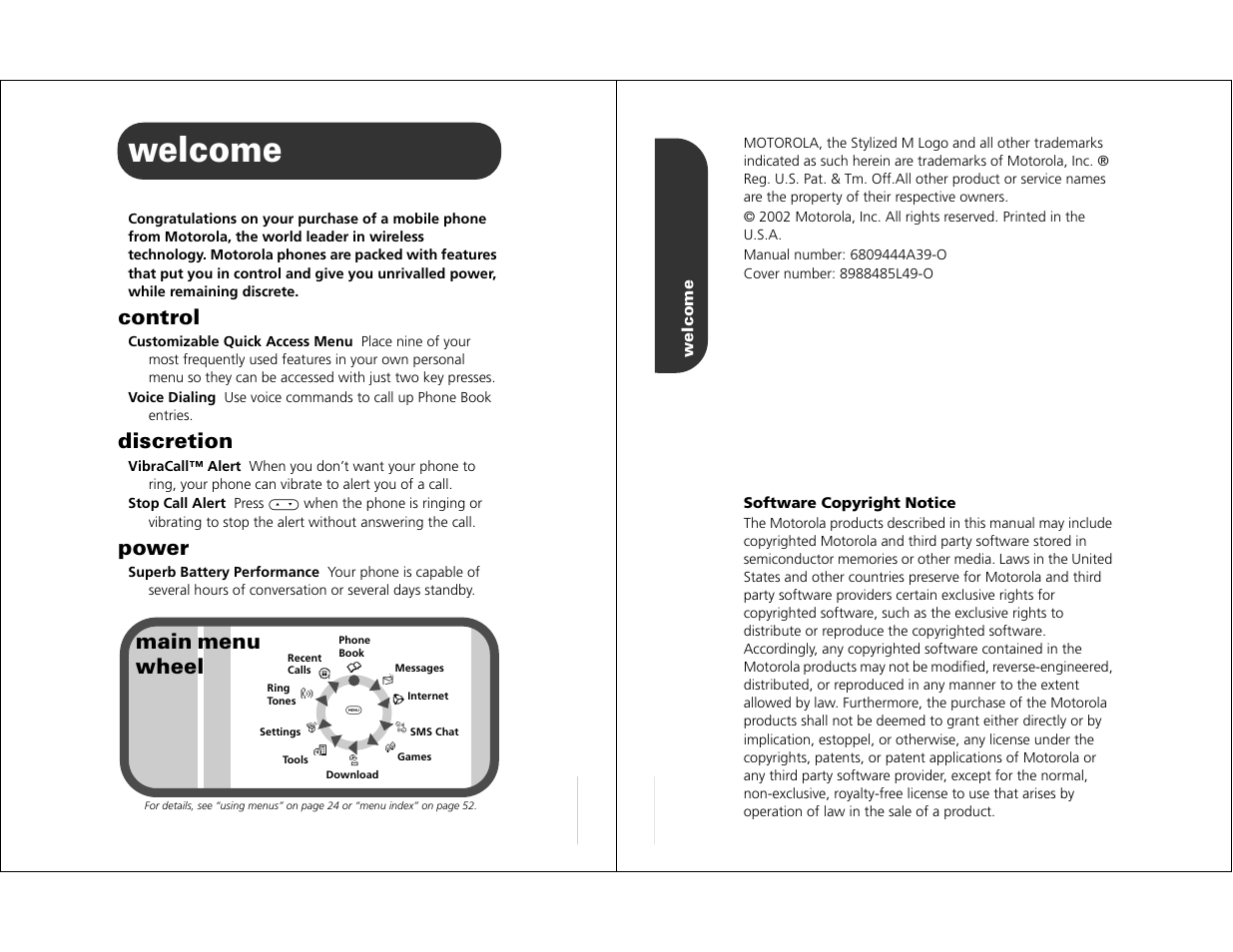 Welcome, Control, Discretion | Power, Main menu wheel | Motorola WIRELESS TELEPHONE User Manual | Page 2 / 44